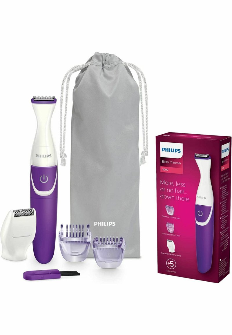 Tondeuse à bikini Philips en blanc et violet, comprend deux peignes de coupe, une tête de rasage de précision, une brosse de nettoyage et un sac de rangement gris.