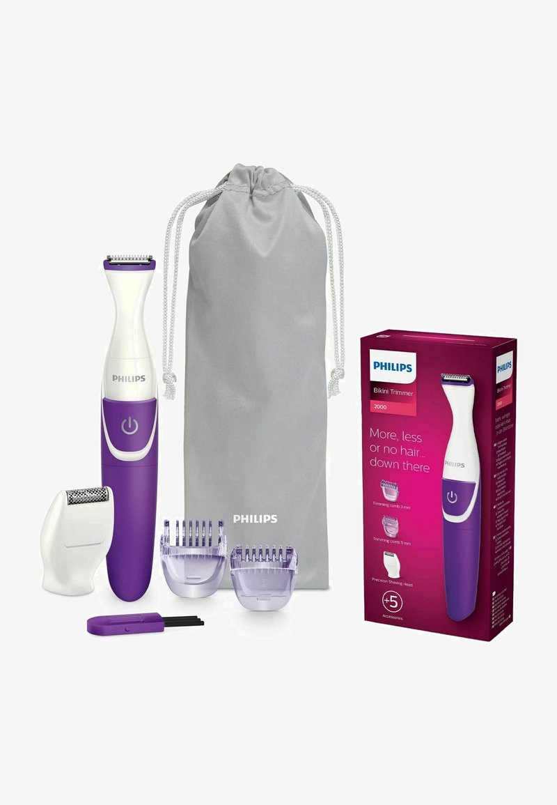 Philips bikini-trimmer in wit en paars, inclusief twee trimkammen, precisiescheerkop, reinigingsborstel en grijze opbergtas.