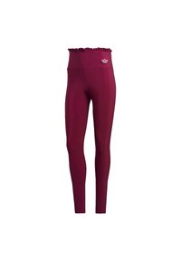 Burgundy hög midja leggings med volangmidja, tillverkade av ett elastiskt tyg. Har en liten broderad logotyp framtill.