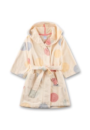 Cream-colored children's bathrobe with hood, tie belt, front pockets, and large pastel polka dots in pink, yellow, and gray.