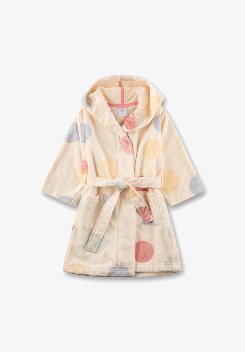 Kinderbademantel in Cremefarbe mit Kapuze, Bindegürtel, aufgesetzten Taschen und großen pastellfarbenen Punkten in Rosa, Gelb und Grau.