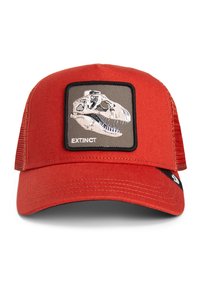 Red canvas cap with a curved brim. Features an embroidered dinosaur skull patch with "EXTINCT" text on a gray background. Mesh back.