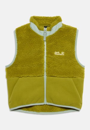 Veste polaire verte avec fermeture éclair intégrale à l'avant, col haut et logo Jack Wolfskin sur la poitrine, combinant des panneaux de tissu doux et texturés.