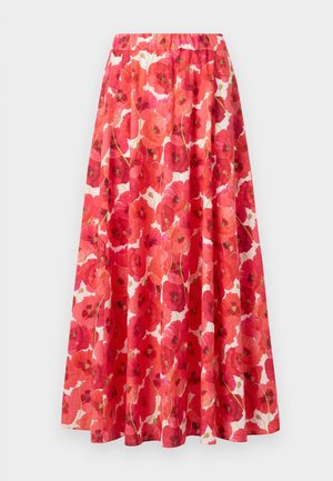 Fustă cu talie elastică, prezentând un model floral cu maci roșii și roz pe un fundal alb. Formă A-line fluidă, material ușor.