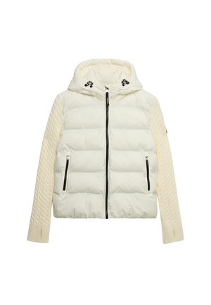 Gesteppte Steppjacke in Off-White mit Kapuze, schwarzen Reißverschlüssen und strukturierten Strickärmeln mit Zopfmuster.