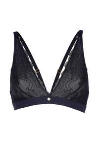 Bralette in pizzo blu con scollatura a V profonda, spalline regolabili e fascia solida; presenta un sottile accento metallico al centro.