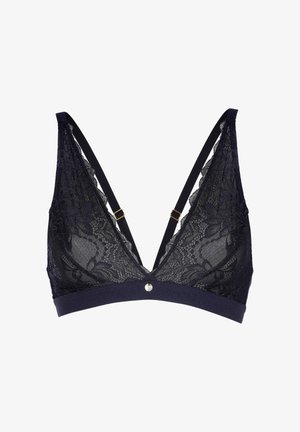 Bralette in pizzo blu con scollatura a V profonda, spalline regolabili e fascia solida; presenta un sottile accento metallico al centro.