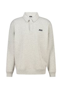 Polo shirt grigio chiaro realizzato in tessuto morbido, con colletto classico, tre bottoni e logo ricamato "NYC" in nero sul lato sinistro del petto.