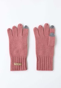 Rosa gestrickte Handschuhe mit grauen Spitzen an drei Fingern und gerippten Bündchen. Verfügt über ein kleines rechteckiges Etikett mit "BELLEMERE NEW YORK."