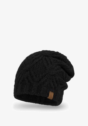 Cappello beanie lavorato a maglia nera con un motivo geometrico testurizzato e un risvolto, caratterizzato da un piccolo tag in pelle marrone del marchio sul lato.