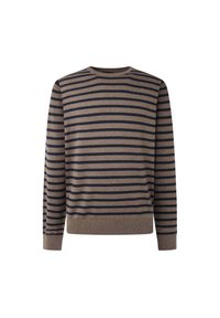 Gestreifter Pullover mit horizontalen Streifen in Braun und Marineblau. Rundhalsausschnitt, lange Ärmel sowie gerippter Saum und Bündchen. Aus weichem Stoff gefertigt.