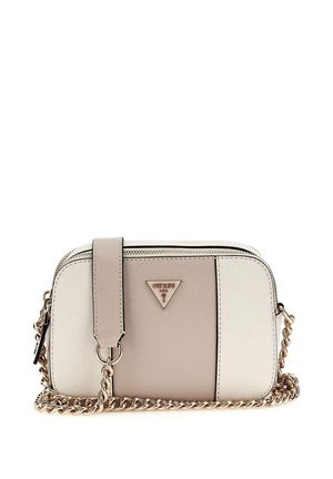 Leather crossbody bag in beige and cream, featuring a triangular logo, zip closure, and gold-tone chain strap. Smooth texture with stitched accents.