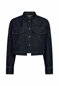 Tamna traper jakna skraćena, s dugim rukavima, dugmetima sprijeda, dva džepa na prsima i kontrastnim šavovima. Klasičan dizajn ovratnika.