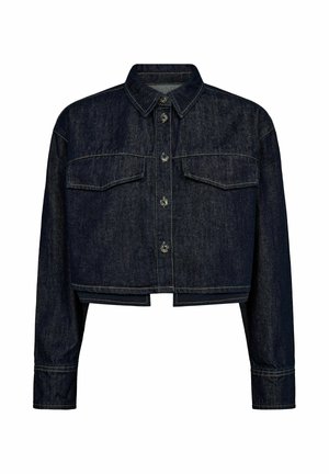 Tamsiai mėlynas džinsinis trumpas švarkas su mygtukais priekyje, ilgomis rankovėmis, dviem krūtinės kišen�ėmis ir kontrastingomis siūlėmis. Klasikinio apykaklės dizainas.