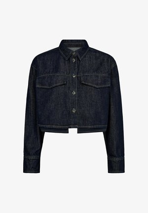 Donkerdenim cropped jack met een knoopsluiting aan de voorkant, lange mouwen, twee borstzakken en contrasterende stiksels. Klassieke kraagdesign.