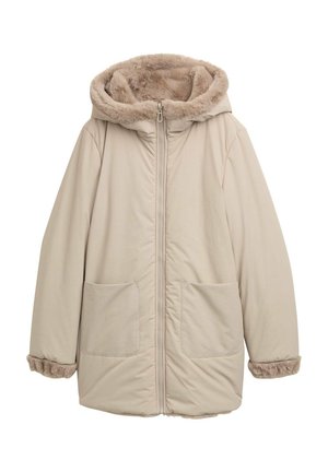 Beige gefütterte Jacke mit einer Kapuze aus Kunstfell, Frontreißverschluss und zwei großen Fronttaschen. Weiche Textur mit Fellakzenten an den Bündchen.