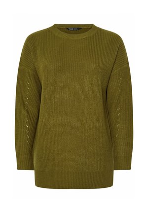Maglione lavorato a maglia verde oliva con collo tondo, spalle scese e fessure laterali. Il tessuto testurizzato presenta dettagli a trama aperta sulle maniche.
