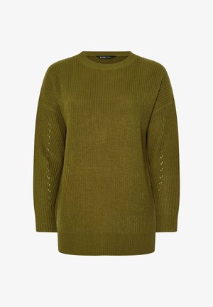 Olive green knitted sweater with a round neck, drop shoulders, and side slits. Textured fabric features open-weave accents on sleeves.
