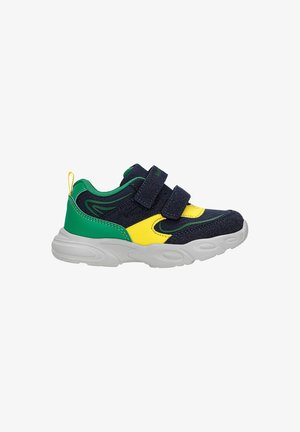 Sneakers met een marineblauwe stoffen bovenzijde, gele accenten en een groene hak. Witte rubberen zool met getextureerde groeven. Twee klittenbandsluitingen.
