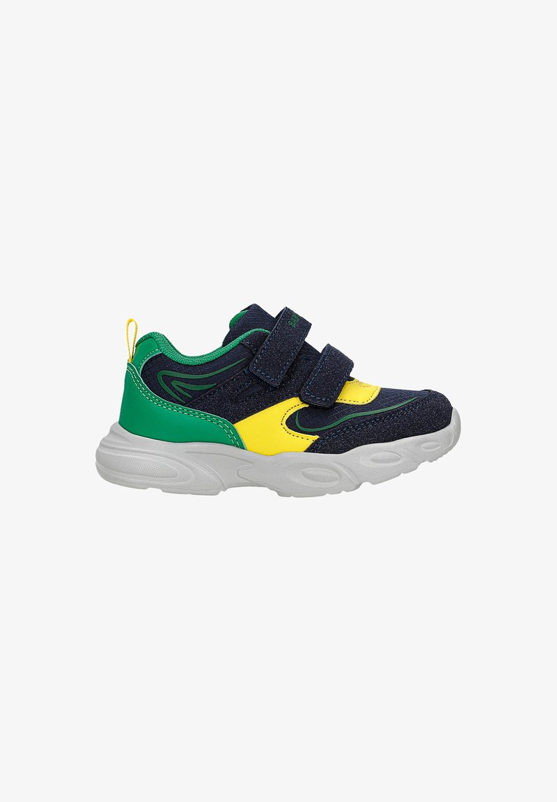 Sneaker con tomaia in tessuto blu navy, dettagli gialli e tallone verde. Suola in gomma bianca con scanalature testurizzate. Due cinturini in velcro per la chiusura.