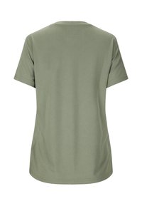T-shirt unisexe à manches courtes et col rond, de couleur olive clair unie, présenté de dos avec une coupe décontractée.