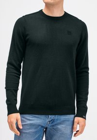 Dunkelgrüner Strickpullover mit langen Ärmeln, rundem Ausschnitt, gerippten Bündchen und Saum, mit einem kleinen Logo auf der Brust.