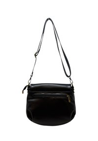 Czarna skórzana torba na ramię z regulowanym paskiem i przednią kieszenią na zamek, pokazana na białym tle.