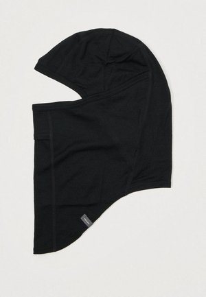 Sort balaklava lavet af blødt materiale, med et forlænget nakkedesign og en tætsiddende hætte. Indeholder et lille mærke.