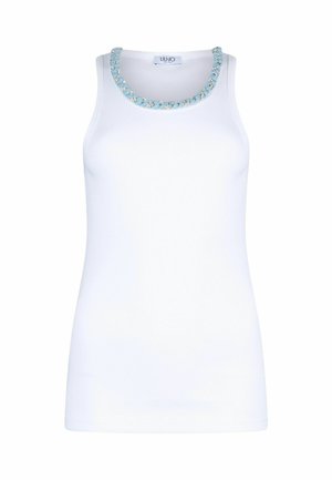 Maiou alb fără mâneci, cu dungi, cu decolteu rotund și ornament împletit albastru și argintiu.