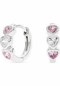 Silverhålsörhängen med tre hjärtformade stenar: en klar och två rosa. Slät yta med en polerad finish.