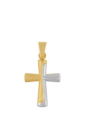 Zweifarbiger Kreuzanhänger mit strukturiertem Gold auf der linken Seite und glänzendem Silber auf der rechten Seite, mit einer goldenen Öse für eine Kette.