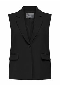 Crni bezrukavna blazer s oštrim ovratnikom, jednim dugmetom, dva prednja džepa i glatkom teksturom tkanine.