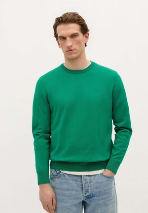 Groene gebreide trui met een ronde halslijn, geribbelde manchetten en zoom, gedragen over een witte blouse, gecombineerd met lichtblauwe jeans.