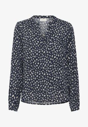 Blusa navy con scollo a V, maniche lunghe e vestibilità ampia. Presenta un motivo astratto bianco. Realizzata in un tessuto leggero e testurizzato.