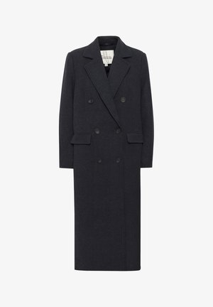 Manteau en laine double boutonnage gris foncé avec un col cranté, poches latérales et six boutons. Coupe droite avec une texture lisse.