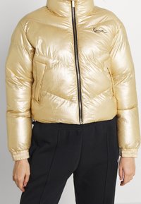 Złota kurtka puchowa o błyszczącej powierzchni, z wysokim kołnierzem, zamkiem błyskawicznym z przodu i bocznymi kieszeniami. Czerniejące akcenty na rękawach i suwaku.
