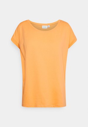 Pomarańczowy T-shirt z krótkim rękawem i okrągłym dekoltem, wykonany z miękkiego materiału, z luźnym krojem i podwiniętymi rękawami, idealny na co dzień.