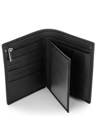 Black leather wallet with multiple card slots, a zippered compartment, and smooth texture. Features a folded design with contrast stitching.