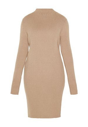 Ribbet strikkjole i beige, med lange ærmer og høj halsudskæring. Tæt siddende silhuet og struktureret stof med lodrette striber.