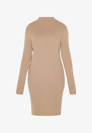 Ribaga kudumiskoogi beezis, millel on pikad varrukad ja kõrge kaelus. Ümber keha soe siluett ja tekstuuriga kangas, millel on vertikaalsed triibud.