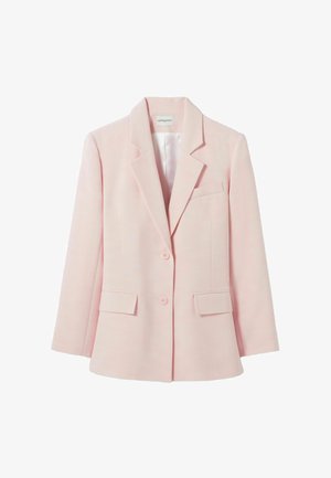 Blazer sartoriale rosa chiaro con rever a incavo, due tasche frontali con patta, una tasca al petto e due bottoni sul davanti.