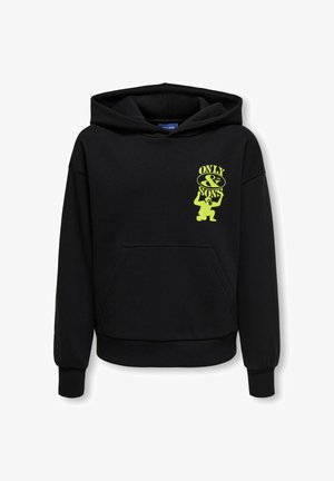 Czarna bluza z kapturem z kieszenią z przodu, na której znajduje się mała neonowożółta grafika postaci trzymającej owalny znak z napisem "Only & Sons."