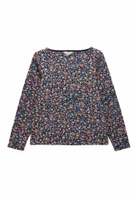 Blúzka s dlhým rukávom a kvetinovým vzorom na námorníckej pozadí s viacfarebnými kvetmi. Mäkko a pohodlné tkaniny, okrúhly výstrih a priliehavé manžety.