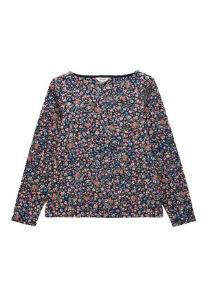 Bluse mit langen Ärmeln im floralen Design auf navy Hintergrund mit mehrfarbigen Blumen. Weicher Stoff, runder Ausschnitt und enganliegende Bündchen.