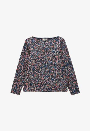 Pikend varrukatega lilleline pluus, millel on tumesinine taust ja mitmevärvilised lilled. Pehme kangas, ümmargune kaelus ja kitsad mansetid.