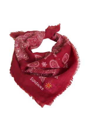 Red patterned bandana with white paisley designs, frayed edges, and the word "SUNSHINE" accompanied by a small sun illustration.