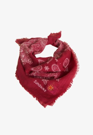 Rotes Bandana mit gemustertem Design in Weiß mit Paisleymotiven, fransigen Kanten und dem Wort "SONNENSCHEIN" begleitet von einer kleinen Sonnenillustration.
