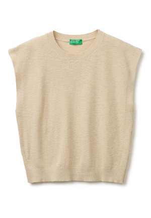 Chaleco sin mangas de punto beige con cuello redondo acanalado, dobladillo y aberturas para los brazos, etiquetado United Colors of Benetton.