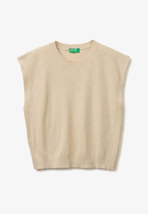Beżowa dzianinowa kamizelka bez rękawów z prążkowanym okrągłym dekoltem, wykończeniem na dole i otworami na ręce, oznaczona marką United Colors of Benetton.