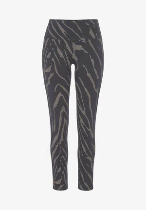 Black leggings with a contrasting grey zebra print, made of stretchy material. Features a wide waistband for comfort and support.